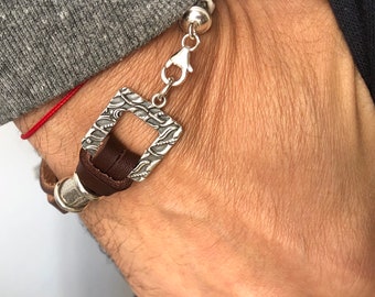 Silver brown leather vintage style bangle bracelet