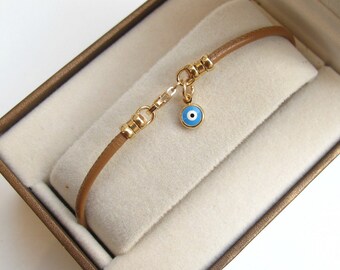 14 K solid gold evil eye camel leather bracelet good luck charm men women classic