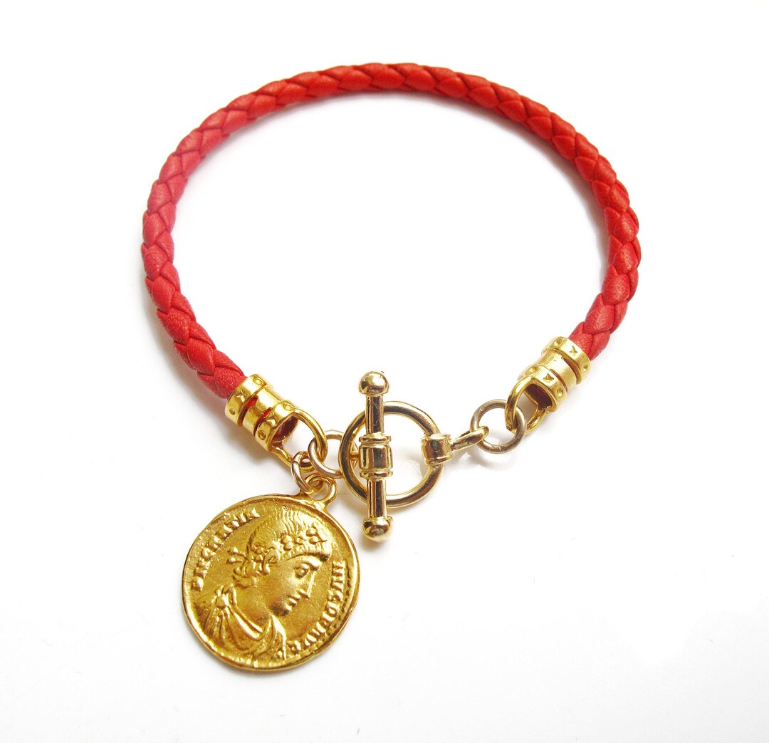 Buy Red Leather Coin Bracelet: 14k Gold Plated Roman Image Bangle Online in India - Etsy