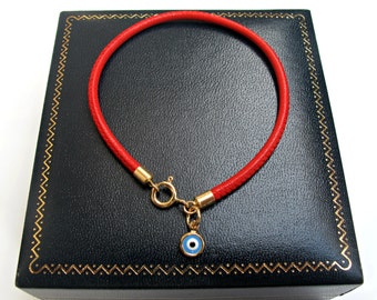 14K Solid yellow gold blue evil eye bracelet hamsa luck kabbalah red string charms delicate luxurious bracelet