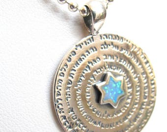 Kabbalah 72 names God silver opal charm necklace gemstone blue talisman star david magen judaica prayer  pendant amulet