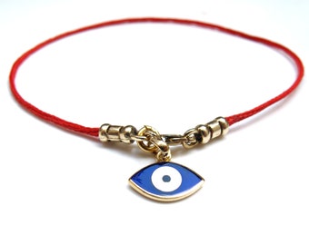 Pulsera de oro macizo de 14k con ojo turco y cordón rojo estilo Cábala