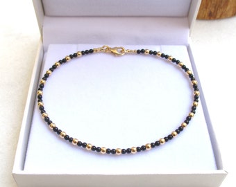 14k solid gold beads black onyx gemstone bracelet handmade