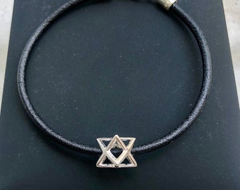 Kabbalah Merkaba Merkabah Chariot Protection 925 Sterling Silver black leather bracelet original spiritual Jewish artisan amulet talisman
