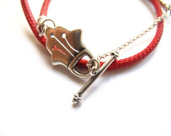 Kabbalah bracelet - Hamsa toggle clasp silver and red leather bracelet