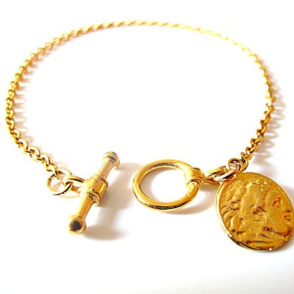 14K gold filled chain link bracelet toggle roman Greek coin charm antique style