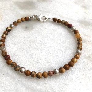 Pulsera de cuentas de plata jaspe, piedras preciosas naturales, brazalete redondo hecho a mano
