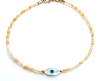 opal gemstone 14k gold evil eye shell bracelet handmade for luck