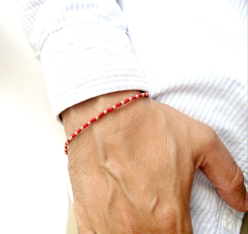 14 k yellow gold red coral beads bracelet dainty gemstone image 2