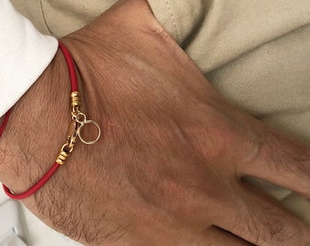 14 k solid gold red leather cord charm bracelet bangle ring men women string