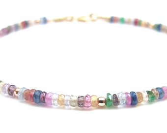 multicolored genuine sapphire gemstone beads  14 k gold bracelet