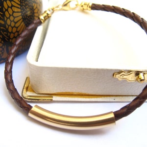 14 K gold plated tube braided brown Italian leather bracelet , men bangle cuff jewelry classic gold tube bracelet