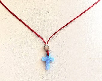 Blue opal cross pendant red string luck necklace