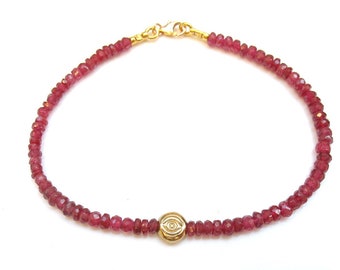 14 K solid yellow gold  evil eye red ruby gemstone bead bracelet natural for good luck and protection