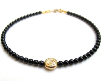 14 K solid yellow gold  evil eye natural small black onyx bead bracelet natural gemstone  for good luck and protection
