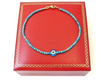 14 k gold blue turquoise evil eye beads bracelet luck amulet natural gemstone