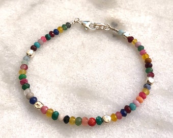 Multicolred quartz diamond cut beads silver bracelet