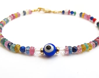 Pulsera de mal de ojo azul de oro de 14k con cuentas de zafiro multicolor