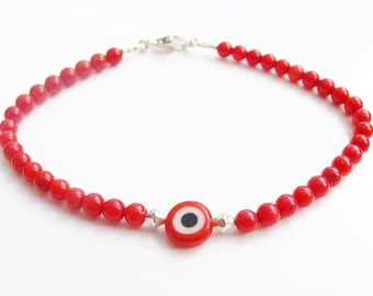 red coral evil eye beads bracelet luck protection amulet natural gemstone