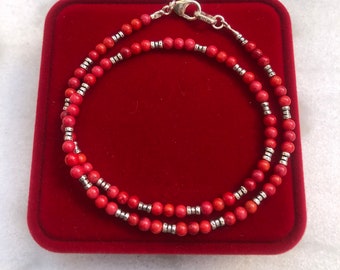 Coral gemstone sterling silver beads bracelet natural handmade