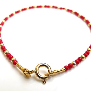 14 k yellow gold red coral beads bracelet dainty gemstone image 3