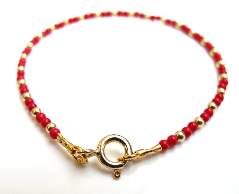 14 k yellow gold red coral beads bracelet dainty gemstone image 3