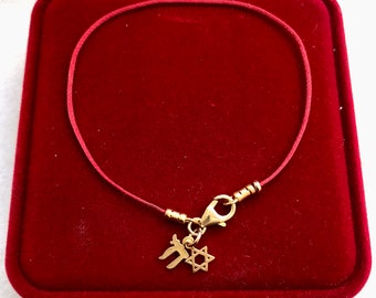 Kabbalah red string chai star of david 14k gold plated bracelet good luck Rachel tomb