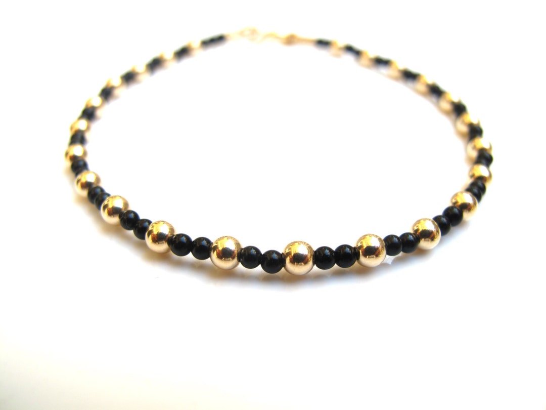 14 K Yellow Gold Round Beads Natural Round Black Onyx Beads Bracelet ...