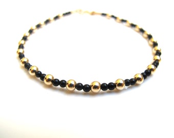14 K yellow gold round beads natural round black onyx beads bracelet luxurious 3 mm gold beads bracelet