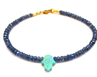 14 k gold blue sapphire hamsa opal beads bracelet luck protection amulet