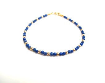 14 K solid gold and genuine blue lapis beads bracelet elegant luxurious handmade item