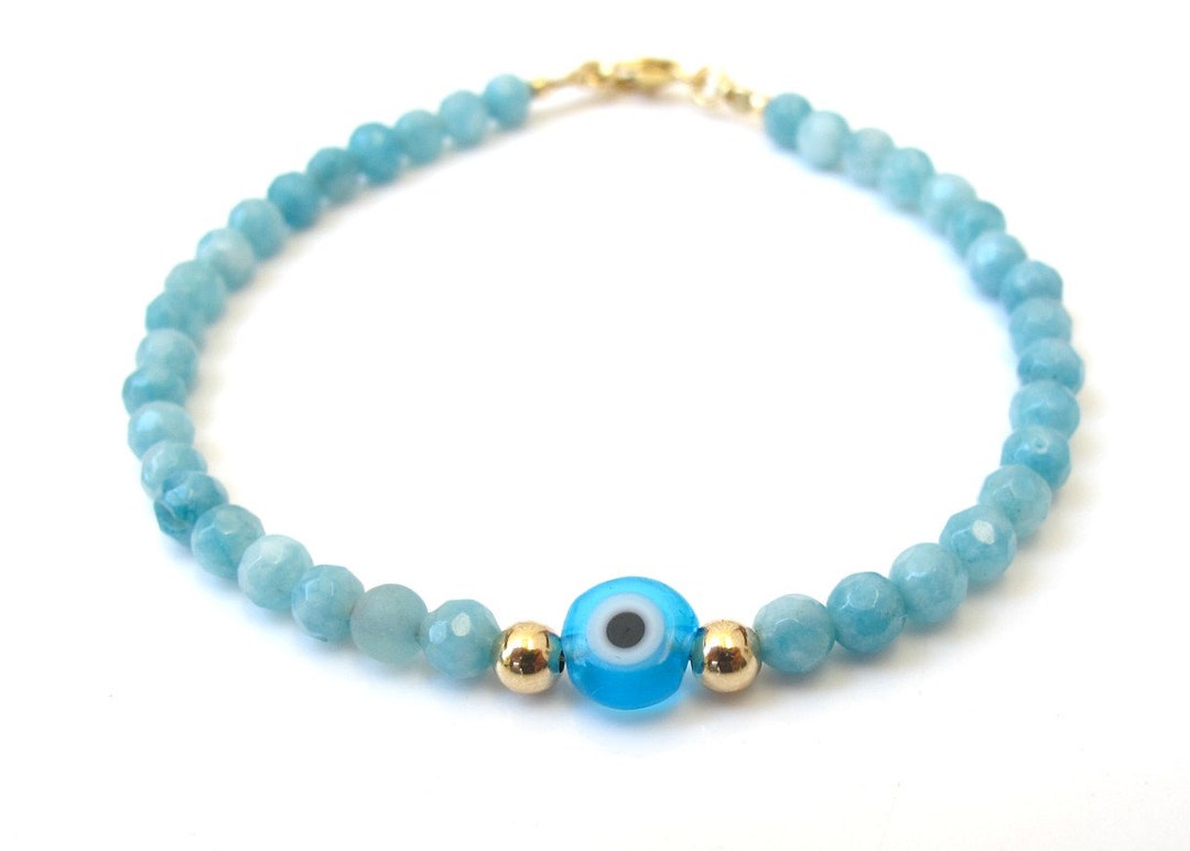 Aqua Marine Gemstone Blue Evil Eye Beads 14 K Solid Gold - Etsy