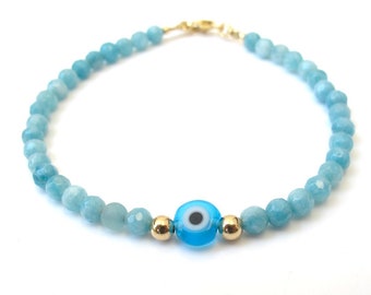 aqua marine gemstone blue evil eye beads 14 k solid gold bracelet luck protection amulet