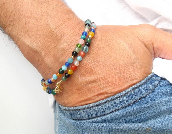 14K gold beads lapis onyx quartz gemstone multi color bracelet hamsa charm luck