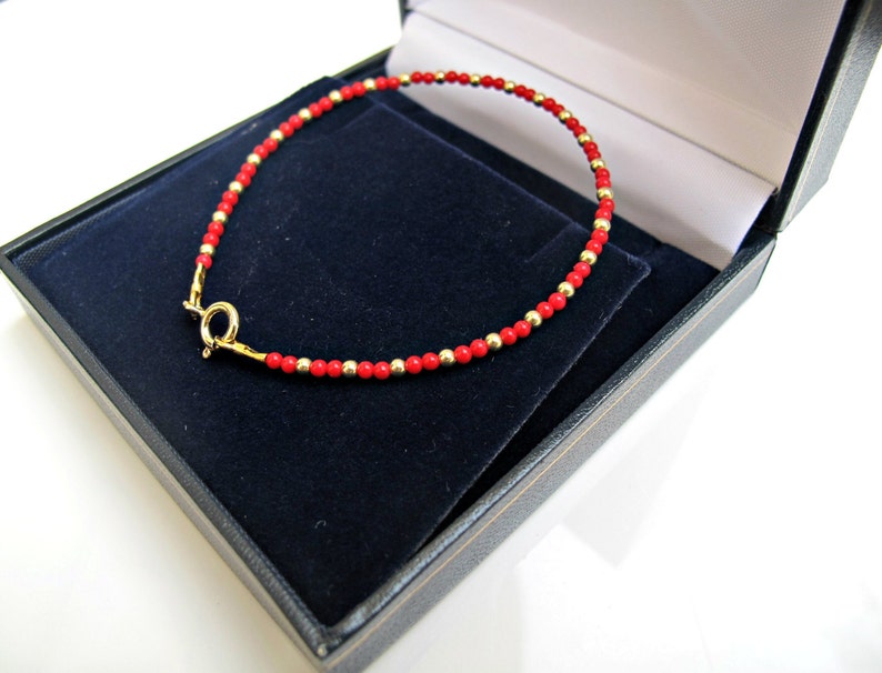 14 k yellow gold red coral beads bracelet dainty gemstone image 4