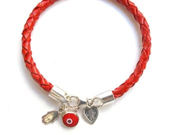 Hamsa Evil Eye Red Leather Bracelet: 925 Sterling Silver Charms
