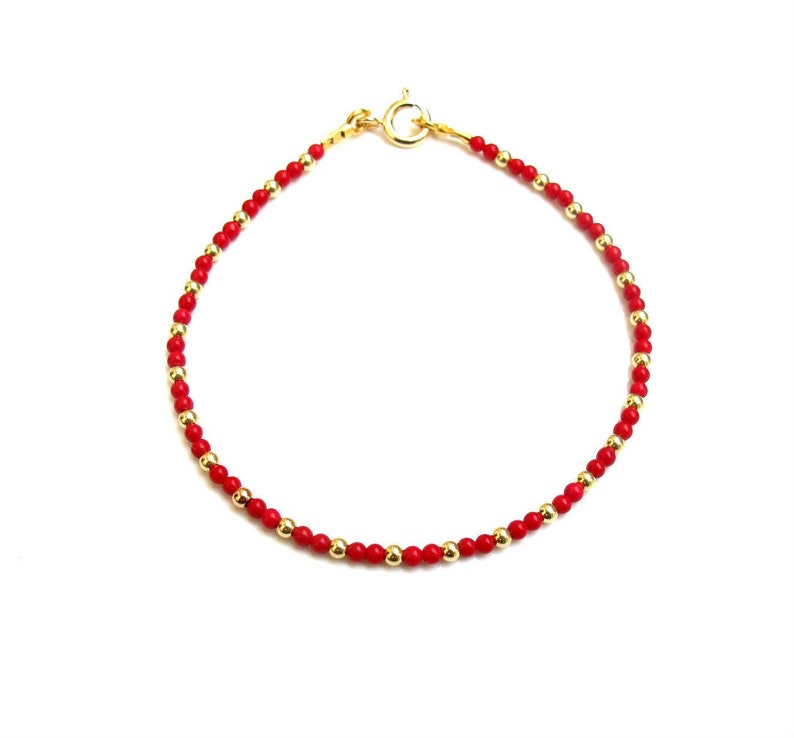 14 k yellow gold red coral beads bracelet dainty gemstone image 1