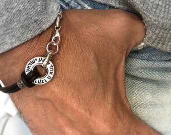 Kabbalah artisan jewelry shema prayer blessing sterling silver and leather bracelet for good luck and protection