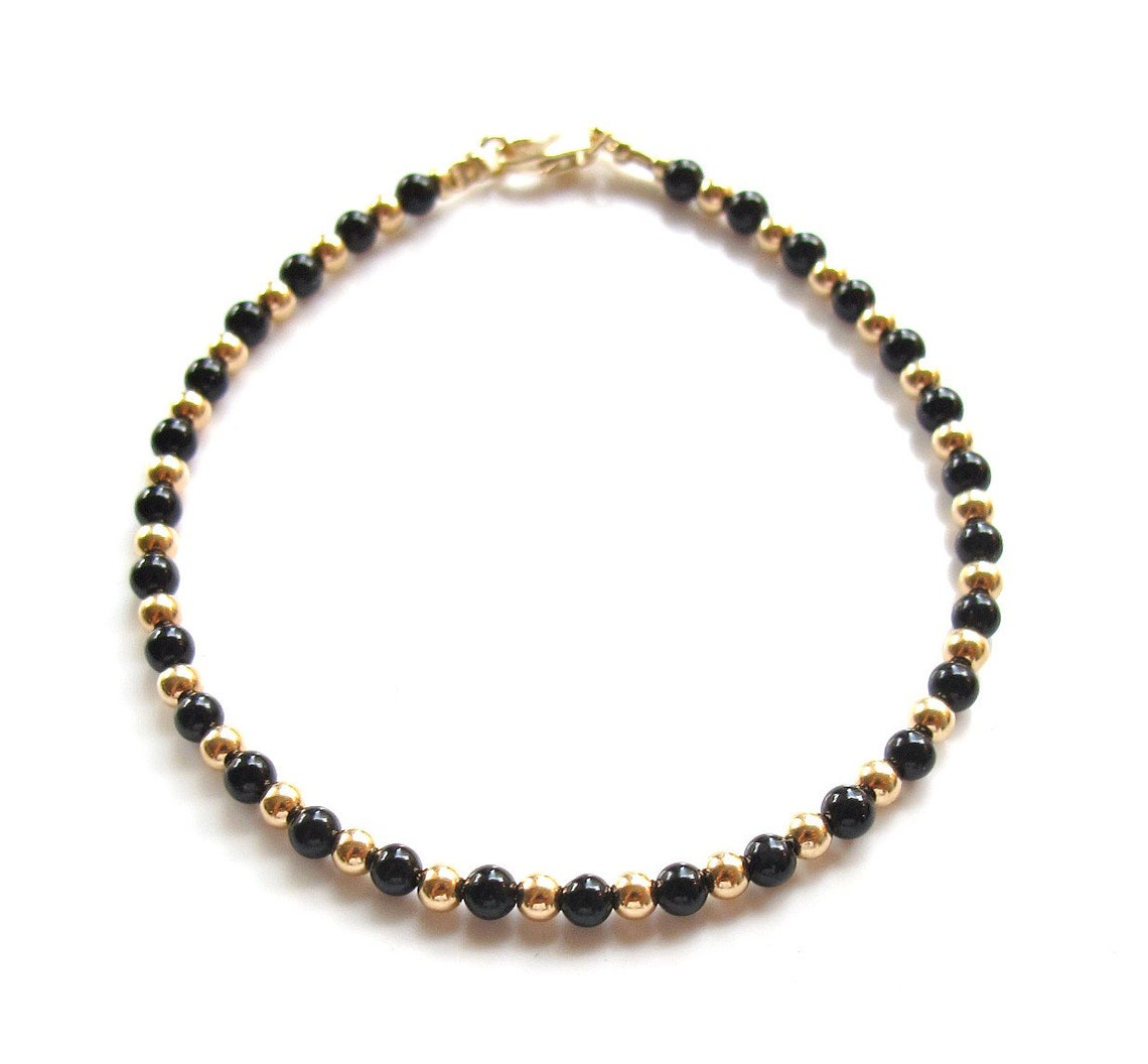 14k solid gold beads black onyx gemstone bracelet handmade Etsy