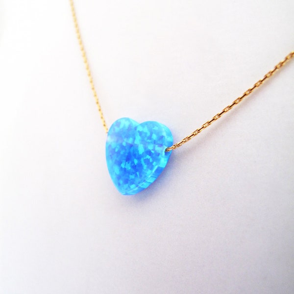 Opal Heart gold filled gold filled 14k necklace , love blue aqua gemstone bead , goldfilled blue opal heart bead necklace , opal  gemstone