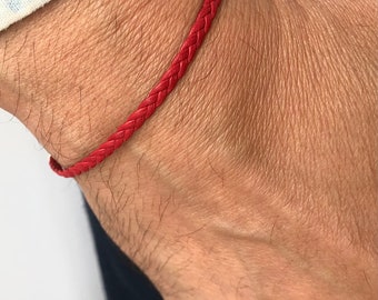 Red flat braided leather sterling silver bangle bracelet