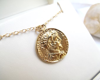 Collar con moneda romana bañada en oro de 14 k: colgante de rey antiguo