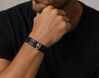 Pulseira de couro com olho grego em prata esterlina: Pulseira amuleto talismã
