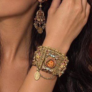 Vintage Statement Cuff Bracelet, Ornate Gold Tone Rhinestone Bracelet, Dramatic Retro Jewelry