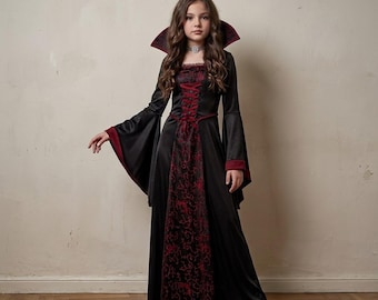 Girls Vampire Costume, Gothic Vampire Queen Dress, Kids Halloween Costume, Black Red Long Dress, Countess Costume, Girl Carnival Outfit