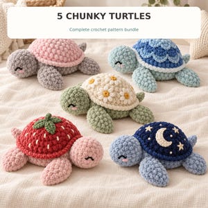 May include: Five chunky crochet turtles with textured yarn bodies. One has a pink shell, one a blue scalloped shell, one a cream shell with daisies, one a red strawberry shell, and one a dark blue shell with a moon and stars. Text reads 5 CHUNKY TURTLES.