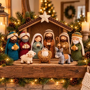 Può includere: Un set presepio all'uncinetto con figure di Maria, Giuseppe, Gesù bambino in una mangiatoia, tre saggi, una pecora e un asino, sotto una struttura di stalla all'uncinetto marrone sormontata da una stella all'uncinetto bianca.