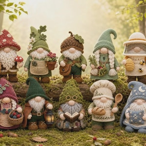 May include: A collection of nine crocheted gnome figurines featuring various themes including a mushroom hat, a gardener with a potted plant, an acorn hat, a beekeeper with a veil, a berry picker, a lantern carrier, a reader, a baker, and a moon-themed gnome.