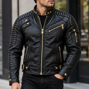 Black Leather Biker Jacket, Quilted Gothic Punk Rock Style, Gold Zipper Hardware