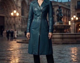 May include: A teal leather trench coat featuring a notched collar, long sleeves with cuffs, and a full-length front zipper closure. The coat has two diagonal zippered pockets on the chest and two side pockets, paired with black trousers and boots.